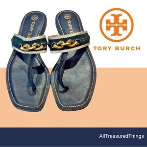 Tory Burch Blue and Gold Sandals with Chain Detail